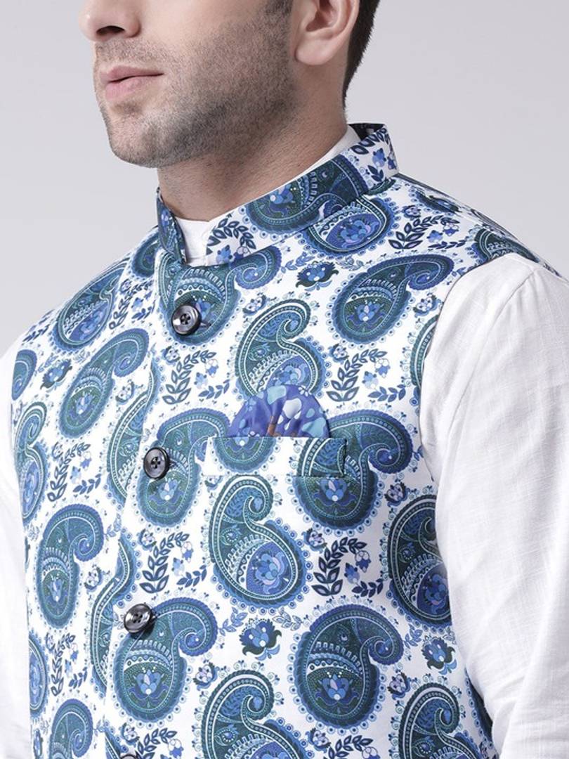 Men's White Viscose
 Printed Nehru Jackets